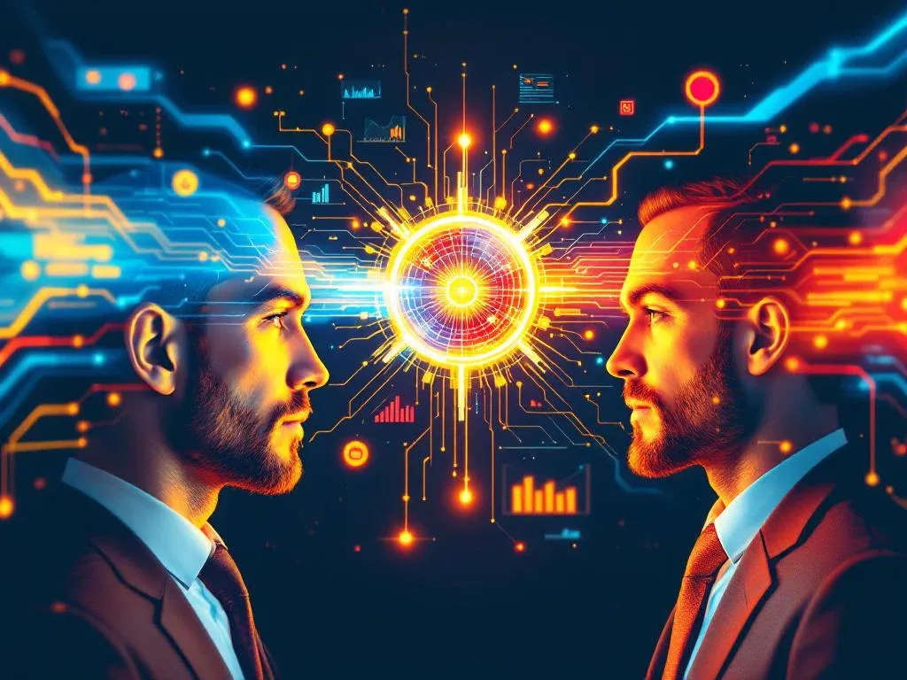 Визуализация бесшовной интеграции Python и 1С, где потоки данных двух систем объединяются в единый аналитический интерфейс для ритейла и финтеха.