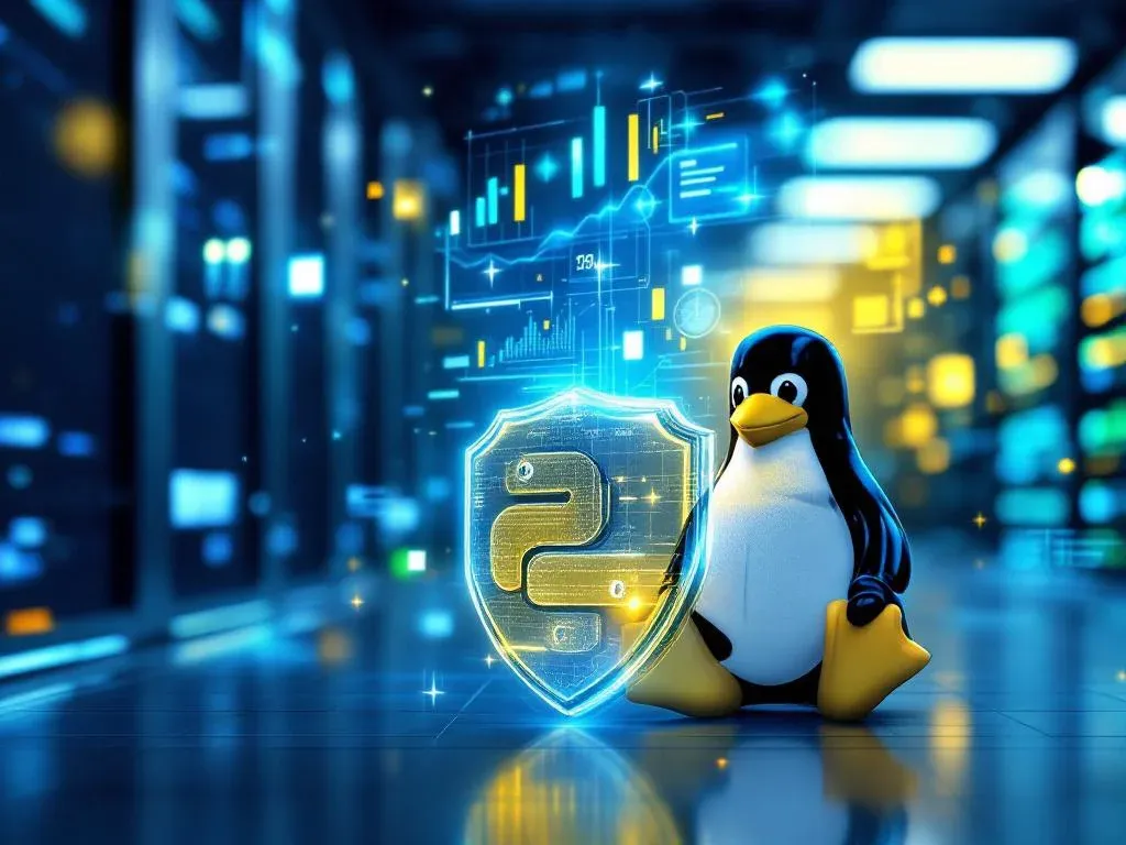 Разработка на Python в Alt Linux для бизнеса: логотип Python и пингвин Linux на фоне технологичной серверной.
