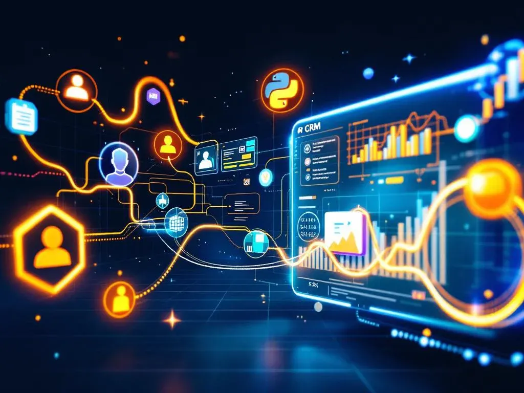 Визуализация кастомной API-интеграции для AmoCRM на Python, показывающая, как данные из разных бизнес-процессов поступают в единую CRM-систему.