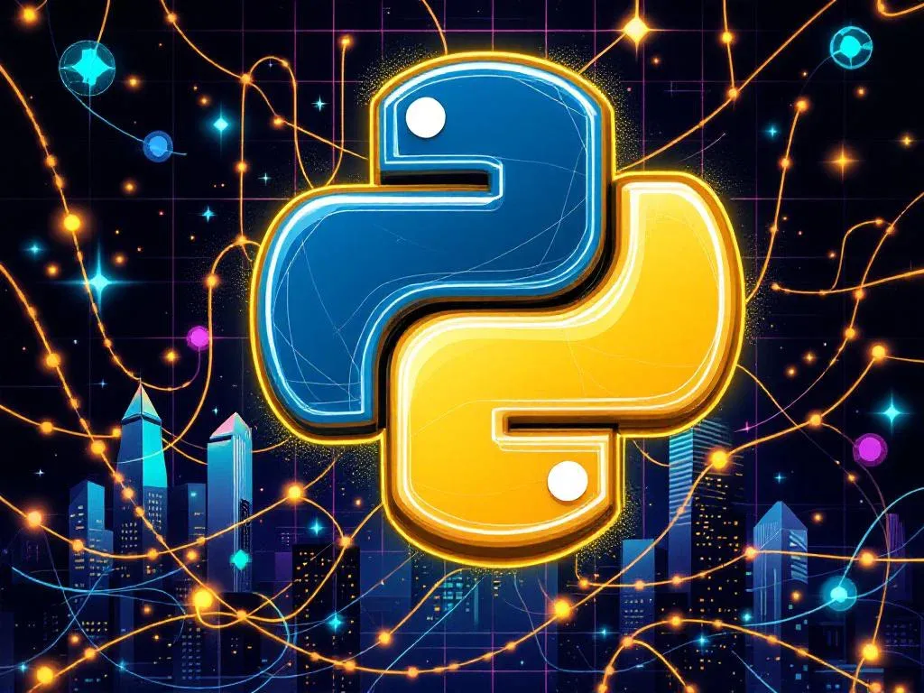 Цифровая иллюстрация, символизирующая разработку веб-сервисов на Python Django для крупного бизнеса, с логотипом Python и потоками данных на фоне корпоративных зданий.