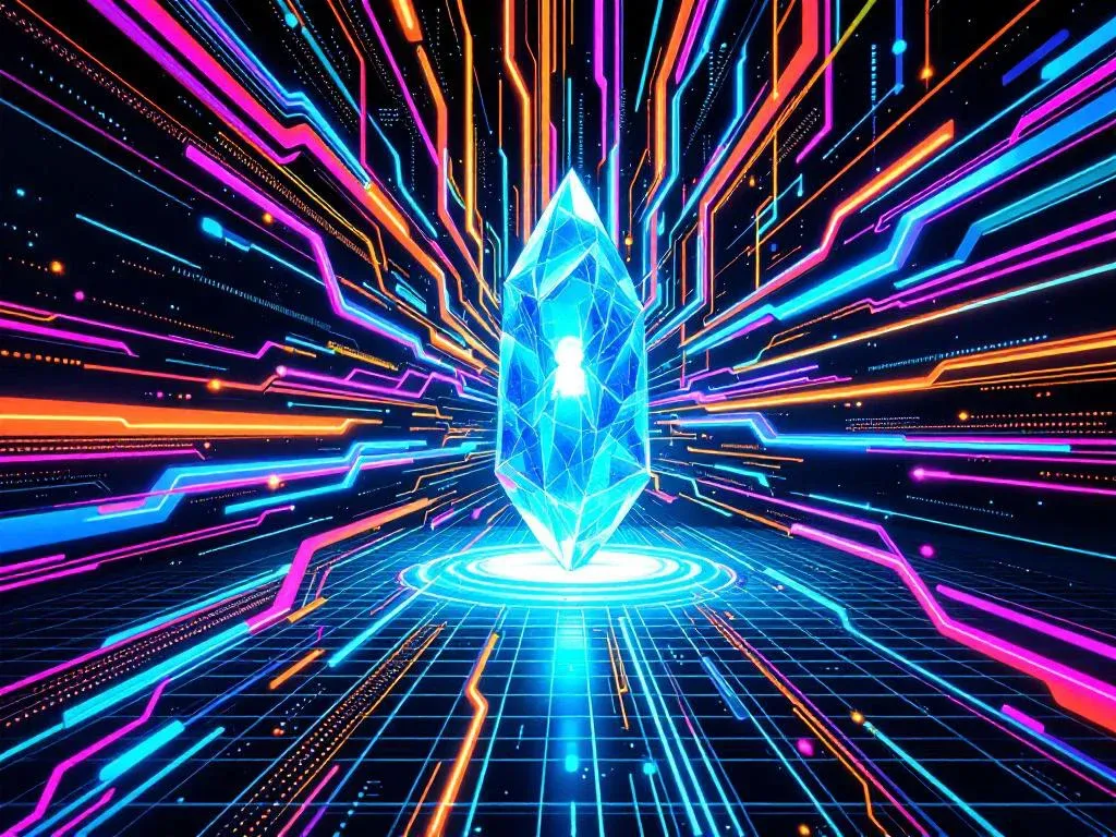 Абстрактная визуализация синхронизации потоков в Python: несколько потоков данных управляются центральным механизмом блокировки, демонстрируя управление параллелизмом с помощью Mutex и Semaphore.