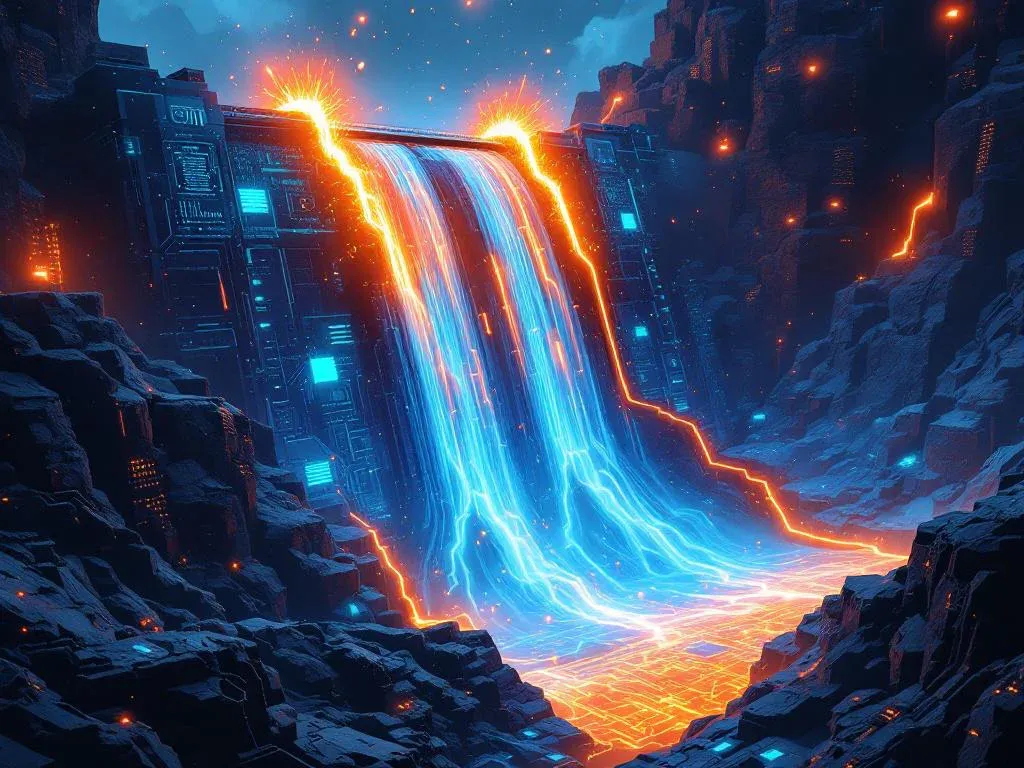 Иллюстрация ошибки OverflowError в enterprise-системе: футуристическая цифровая плотина, символизирующая системные лимиты, трескается под давлением, и из нее вырываются потоки данных.