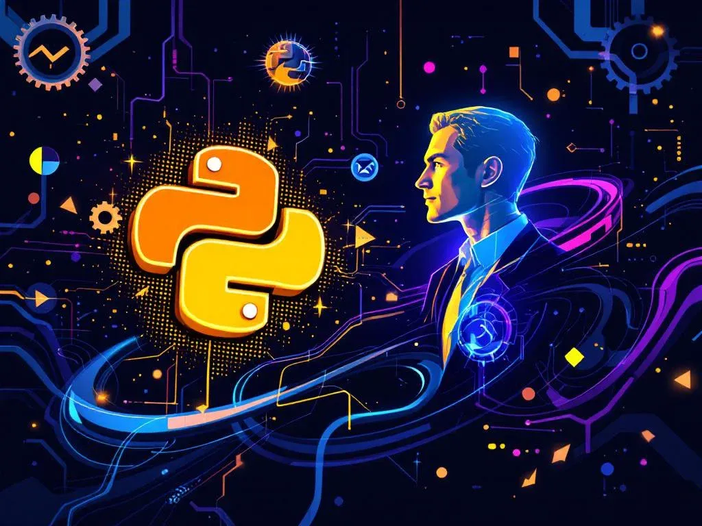 Цифровая иллюстрация, показывающая логотипы Python и Atlassian Confluence, соединенные потоками данных, что символизирует интеграцию через API и автоматизацию.