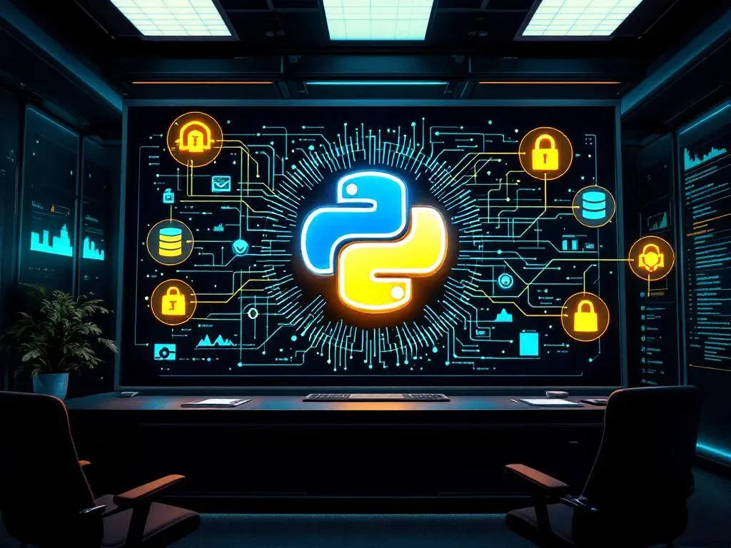 Визуализация выбора архитектуры базы данных на Python для финтех и e-commerce: центральный логотип Python с расходящимися потоками данных к различным СУБД.