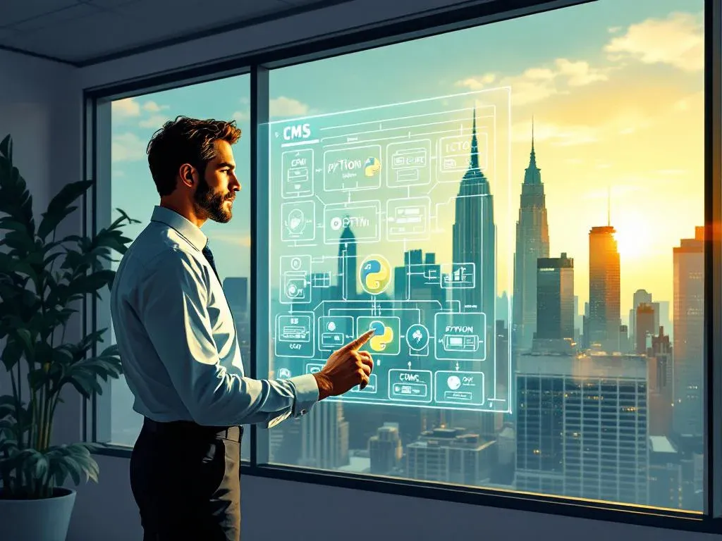 Технический директор анализирует архитектуру и выбирает Python CMS для крупного бизнеса на футуристическом интерфейсе.