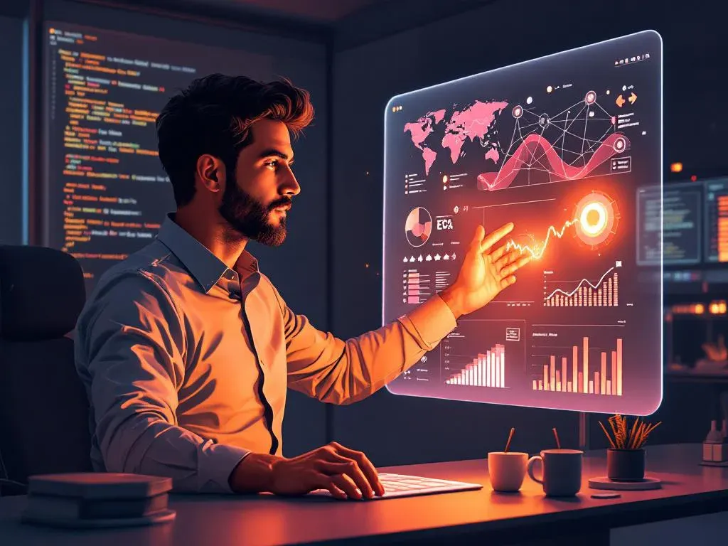 Специалист проводит EDA-анализ данных на Python с помощью голографического интерфейса, находя инсайты для финтеха и ритейла.