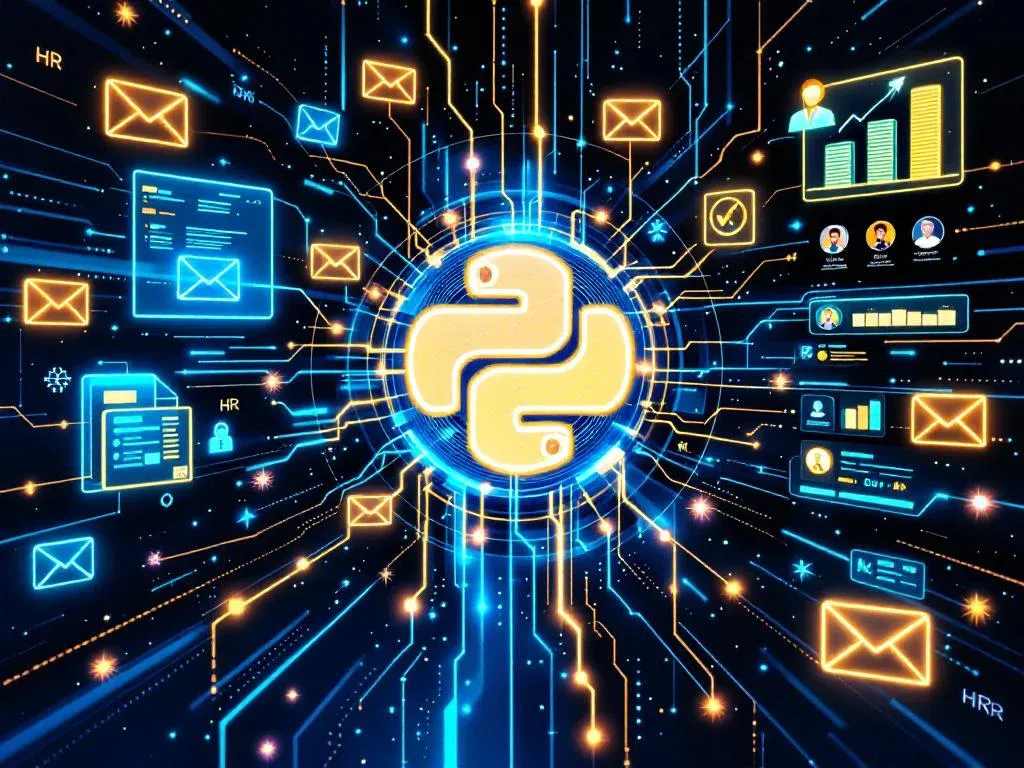 Концептуальная иллюстрация автоматизации почтовых сервисов с помощью Python IMAP, где потоки данных связывают центральный процессор с интерфейсами для финтеха и HR.
