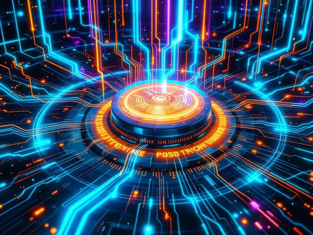 Абстрактная визуализация архитектуры высоконагруженной системы, показывающая асинхронные потоки данных на Python, взаимодействующие с ядром базы данных PostgreSQL.