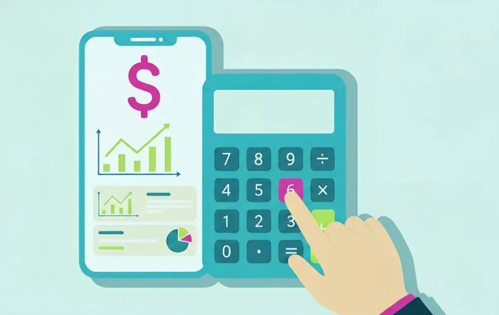 Как создать своё приложение — иллюстрация со смартфоном и калькулятором для расчёта бюджета