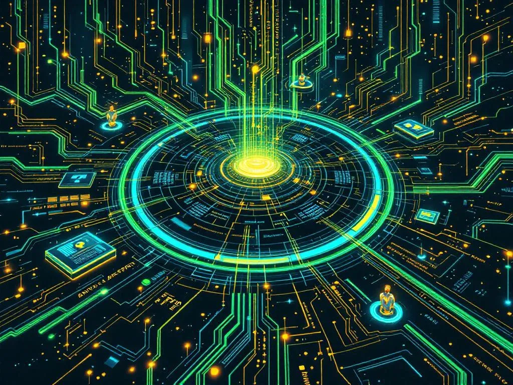 Абстрактная визуализация интеграции корпоративной системы с Avito API на Python. Зеленые потоки данных соединяют центральный узел с большой сетью, символизируя автоматизацию бизнес-процессов.