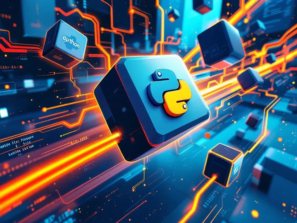 Абстрактная визуализация микросервисной архитектуры на Python с gRPC, показывающая соединенные модули и высокоскоростные потоки данных, что символизирует производительность и эффективность.