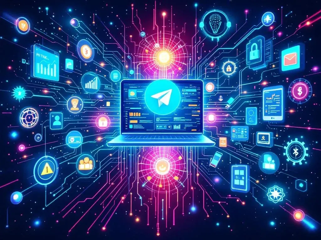 Трансформация ритейла и финтеха с Telegram Web App на Python — иллюстрация с ноутбуком, логотипом Telegram и технологическими иконками